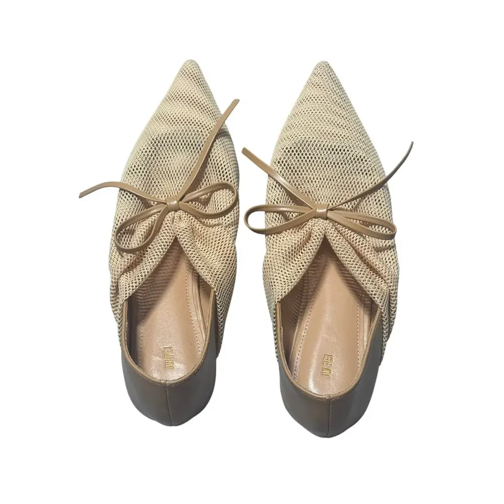 Jw Pei Reilly Fishnet Ballerina Flats Womens 10 Beige Mesh Pointed Toe Bow Tie
